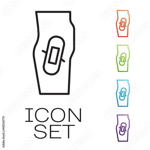 Black line Plaster on leg icon isolated on white background. Set icons colorful. Vector