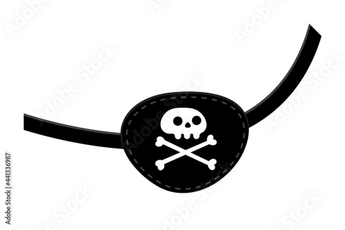 Pirate eye patch icon sign flat style design vector illustration isolated on white background. Black eye patch with skull and bones symbols.