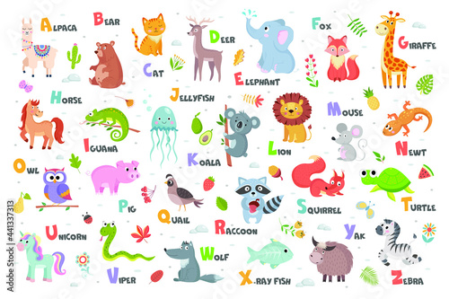 cute english animal alphabet with fruits, berries and leaves on white background vector illustration