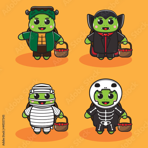 Vector illustration of cute Little Turtle Halloween cartoon set. Frankenstein, Dracula, Mummy and Skeleton costume set. Good for icon, logo, label, sticker, clipart.