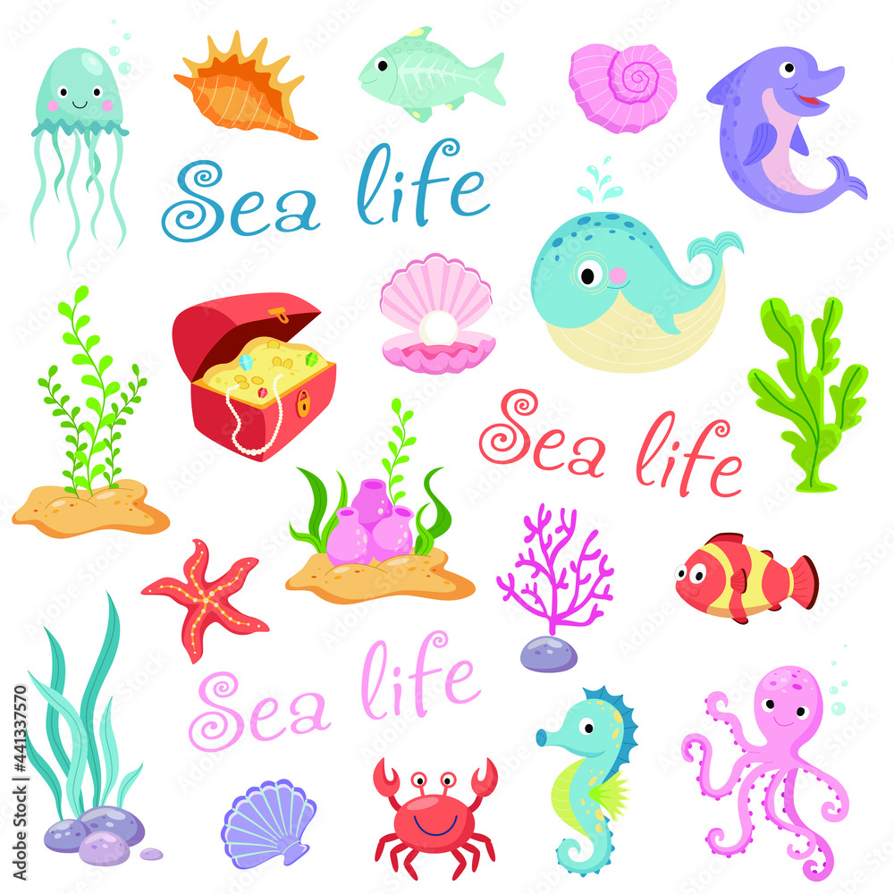 Cute sea life creatures cartoon animals set on white background vector illustration