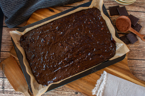 Brownie batter on a baking sheet