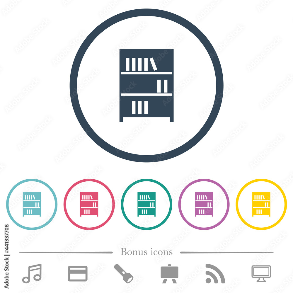 Bookshelf with books solid flat color icons in round outlines Bookshelf with books solid flat color icons in round outlines