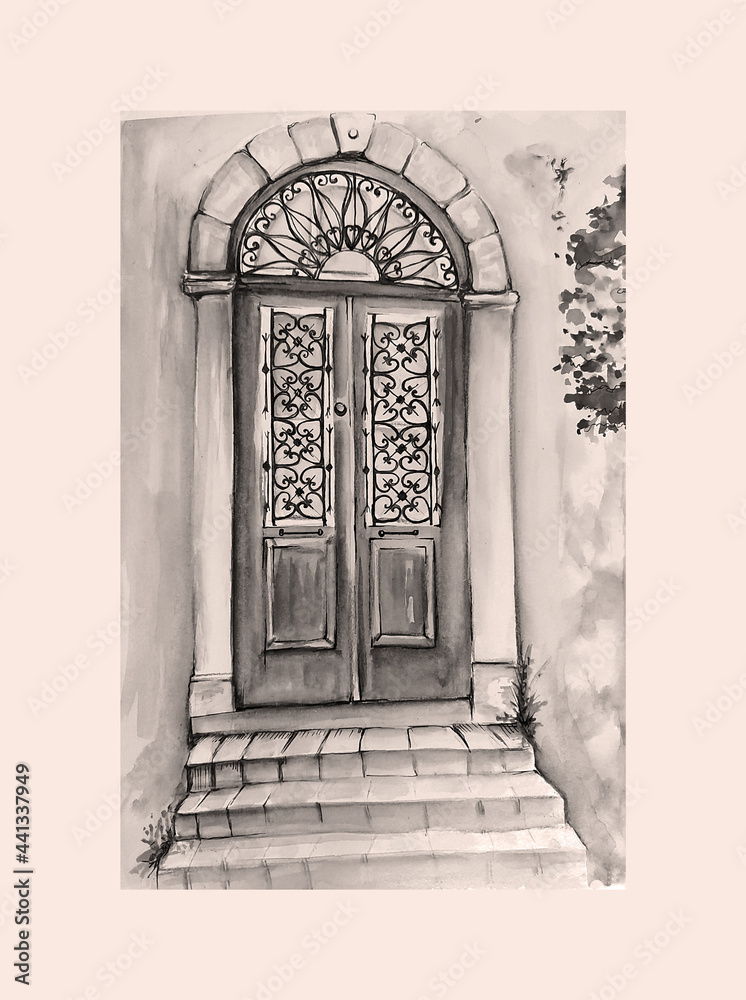 Watercolor drawing of vintage door
