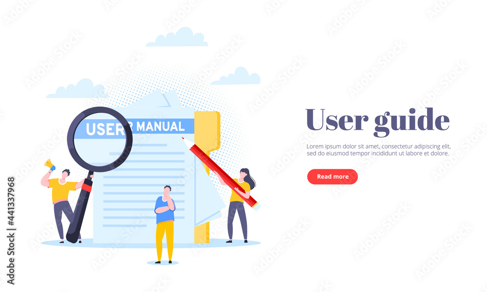 User manual guide book flat style design vector illustration. Tiny people, magnifying glass and pencil working together with guide book. Specifications user guidance document. User manual guide book flat style design vector illustration. Tiny people, magnifying glass and pencil working together with guide book. Specifications user guidance document.