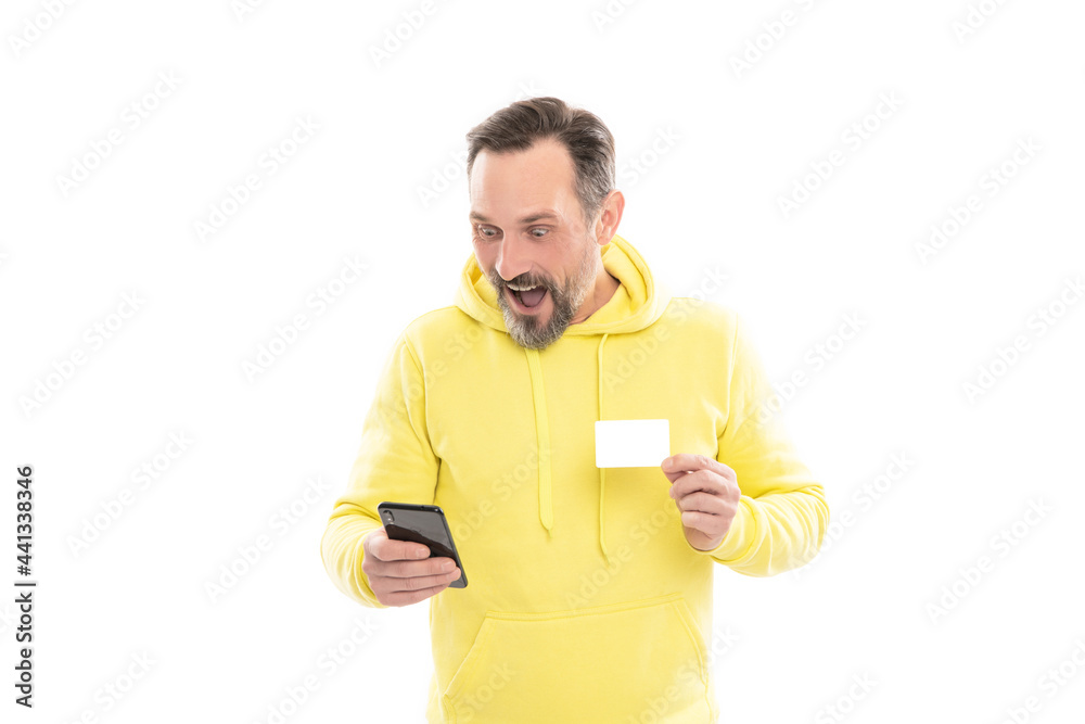 surprised man chatting on phone online card isolated on white copy space, shopping online. surprised man chatting on phone online card isolated on white copy space, shopping online.