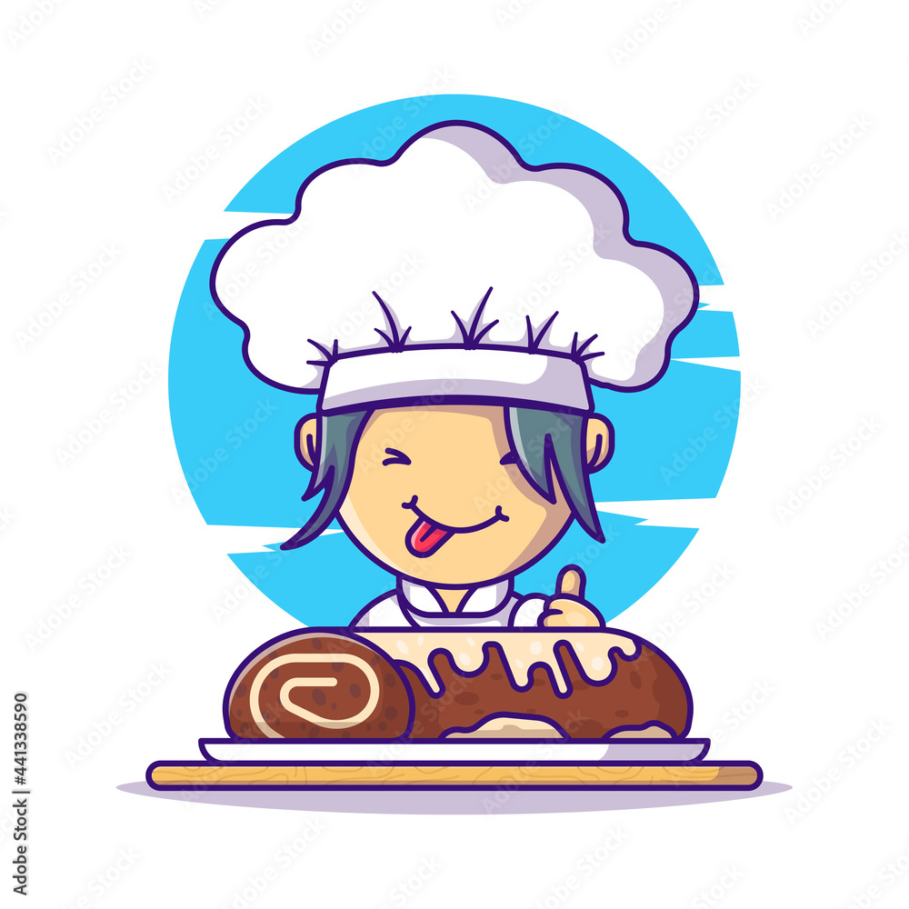 Cute Chef Girl with Roll Cake Chocolate Cartoon Vector Illustrations. World Chocolate Day Icon Concept Isolated Premium Vector Cute Chef Girl with Roll Cake Chocolate Cartoon Vector Illustrations. World Chocolate Day Icon Concept Isolated Premium Vector