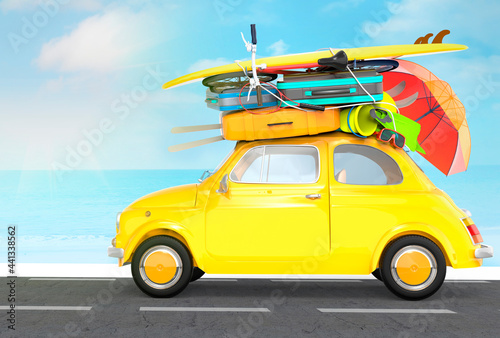 Car with suitcases on the roof on the road for the summer holidays  3D illustration