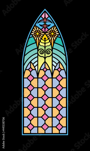 Colorful Gothic stained glass window. Vector, window with geometric pattern.