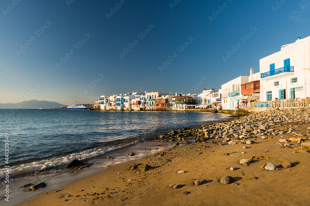 The typical village of Chora on the west coast of the Greek island of Mikonos in the Cyclades archipelago