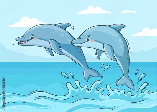 Cartoon cute pair of dolphins 