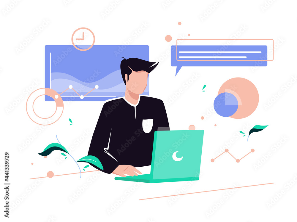 Concept illustration of male worker monitoring company analysis data. Using digital media. Flat vector illustration.