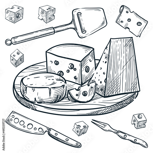 Cheese collection on wooden plate and knives set. Vector hand drawn sketch illustration. Snack menu design elements