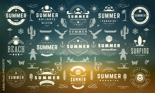 Summer holiday labels and badges design set retro typography for posters and t-shirts.