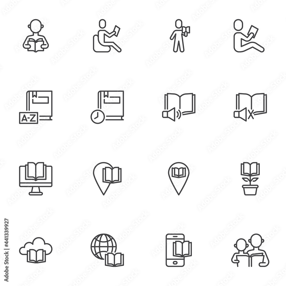 Book reading line icons set Book reading line icons set