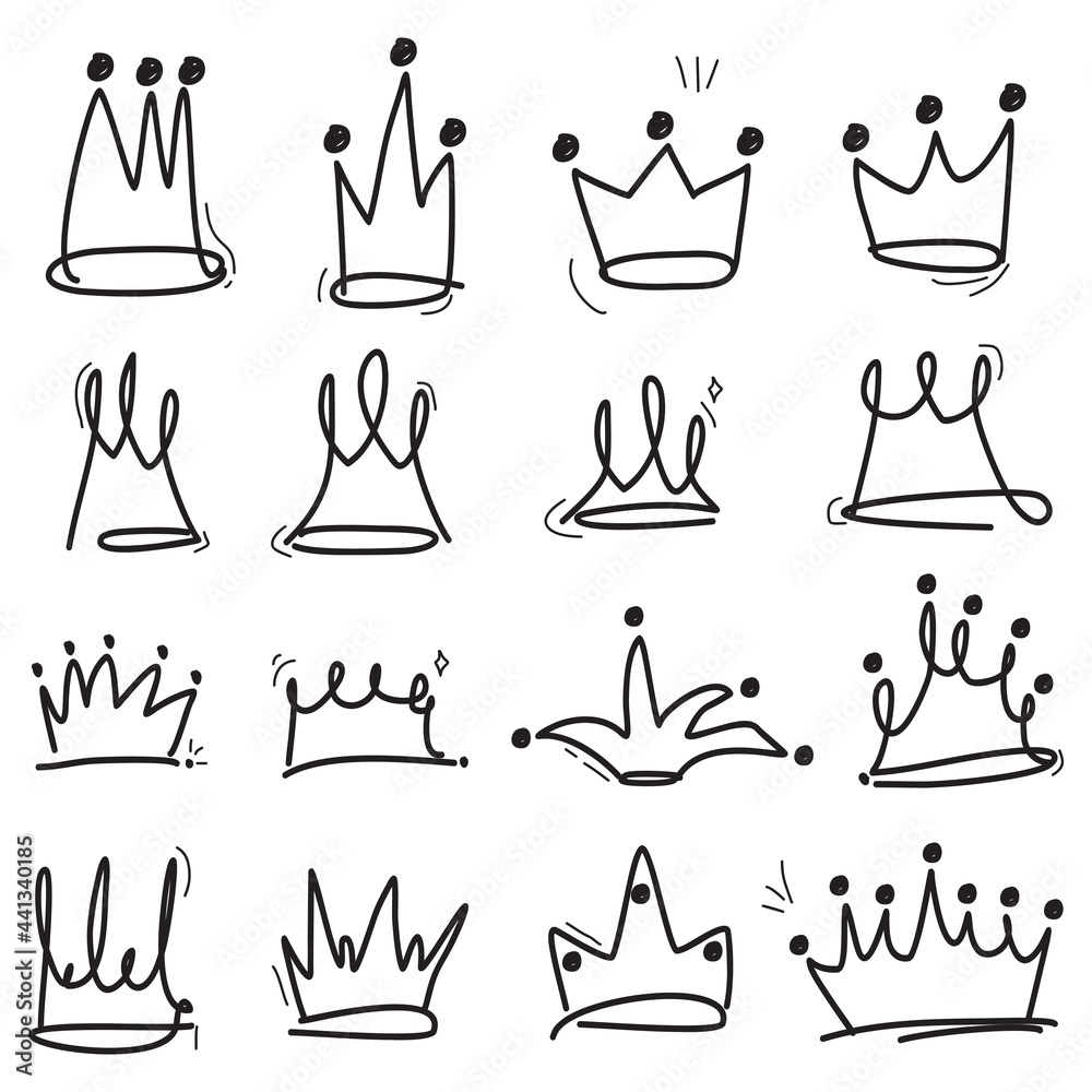 Fototapeta Doodle crowns. Line art king or queen crown sketch, fellow crowned heads tiara, beautiful diadem and luxurious decals vector illustration set. Royal head accessories linear collection
