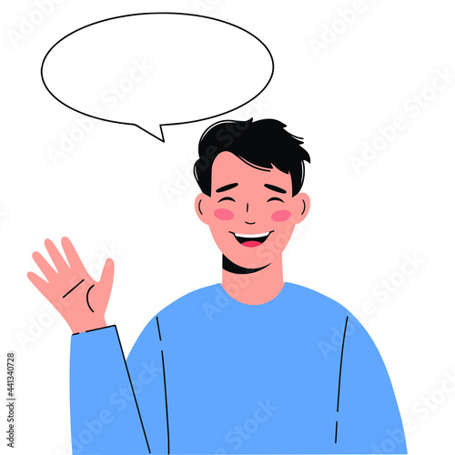 Illustration of  young man with a greeting gesture. Man says hello!