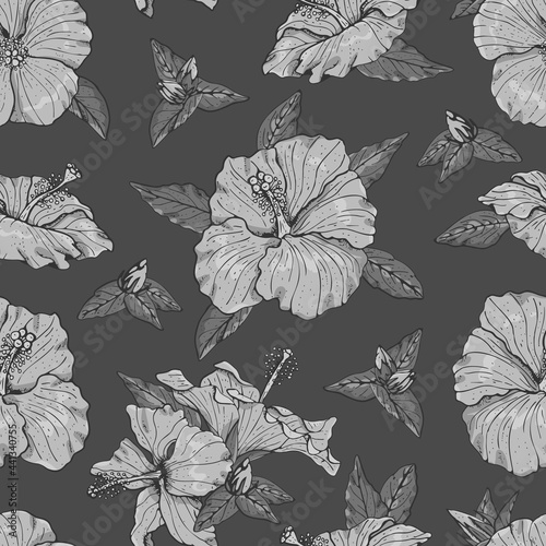 Monochrome seamless pattern with line art gray hibiscus flowers, buds and leaves, with gray outline. On gray background. Stock vector illustration.