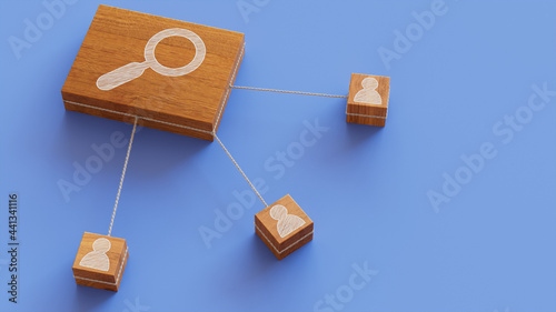 Search Technology Concept with Magnifier Symbol on a Wooden Block. User Network Connections are Represented with White string. Blue background. 3D Render.