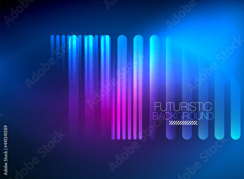 Bright neon color techno abstract background, shiny glowing neon lines in the dark background