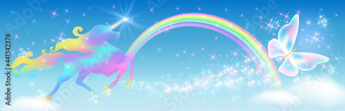 Galloping iridescent Unicorn with luxurious winding mane and flying butterfly against the background of the fantasy universe with sparkling stars, clouds and rainbow