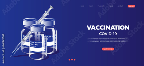 Bottle and vial containing drug for COVID-19, Time to vaccinate poster or website landing page, Vector