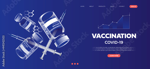 Bottle and vial containing drug for COVID-19, Time to vaccinate poster or website landing page, Vector