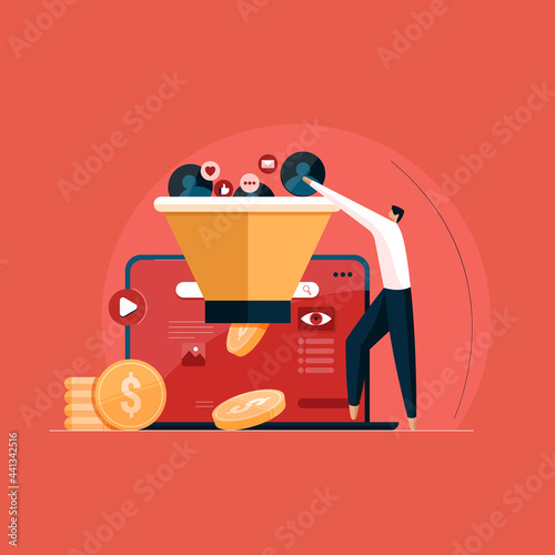 Conversion of online Promotion and Marketing. Influencer bloggers attracting audience and earn money. Lead generation for Funnel Sales