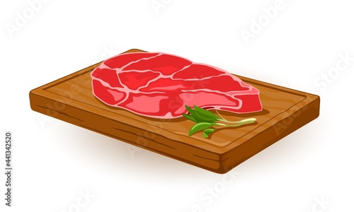 Uncooked meat ribeye served on wooden board. Vector tasty fresh part of beef, culinary and cooking at home, aromatic green twig. Food design isolated on white background