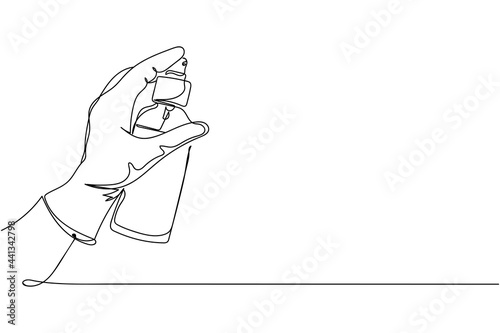 Continuous one line of sanitizer spray for disinfection and medical purpose in hand in silhouette on a white background. Linear stylized.Minimalist.