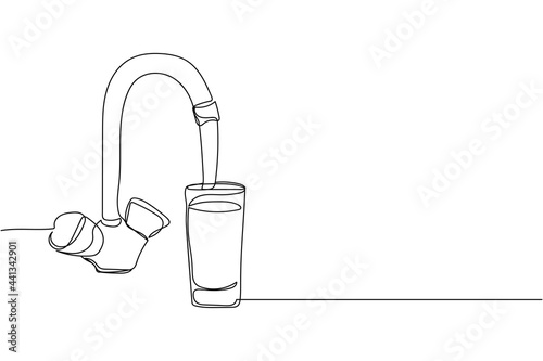 Continuous one line of pouring glass of water from kitchen faucet in silhouette on a white background. Linear stylized.Minimalist.