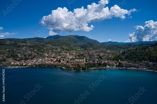 Aerial view of the city of Garda, Lake Garda, Italy. Panorama on corno. Top view of the Museum of Lake Garda on the coastline. Vista lago on the coastline.