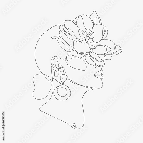 Woman head with flowers composition. Hand-drawn vector line-art illustration. One Line style drawing.