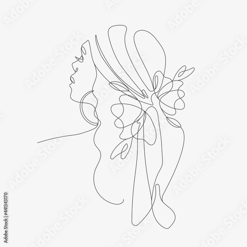 Woman head with flowers composition. Hand-drawn vector line-art illustration....
