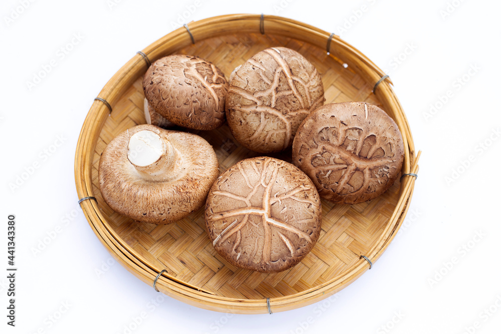 Fresh shiitake mushrooms in wooden bamboo on white background.