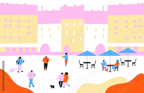 People in the big city. Vector cute illustrations of people and families on the city streets. Freehand drawings for poster, card and cover. Landscape city centre with many building.