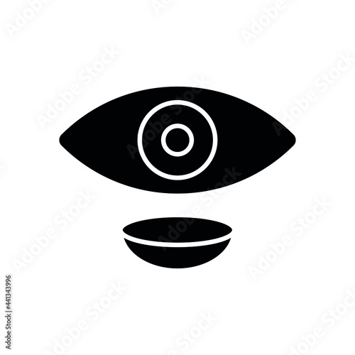 Contact lense and eye glyph icon. Vision correction. Vector fill black illustration.