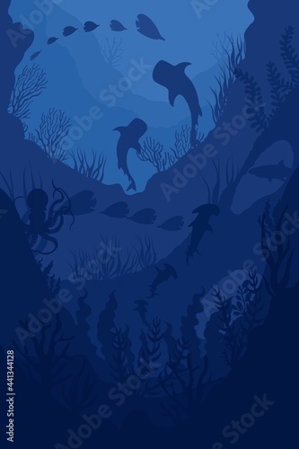 Fototapeta Naklejka Na Ścianę i Meble -  deep blue ocean underwater world life animals hand-drawn digital illustration: sharks, fish, octopus