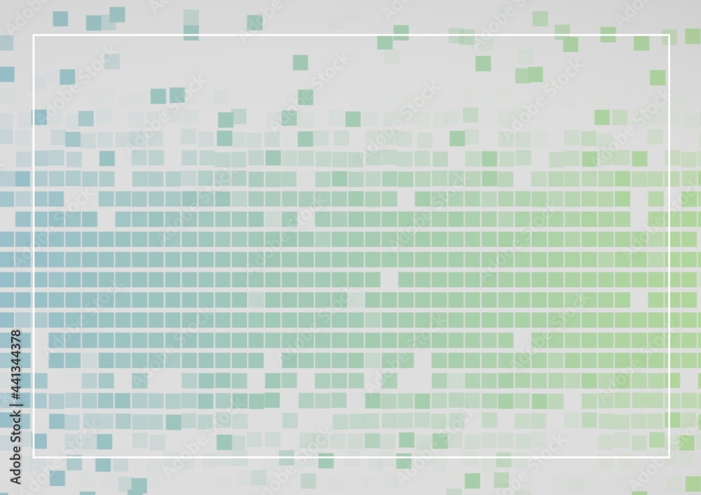 Fototapeta premium White line frame with copy space against green mosaic squares on grey background