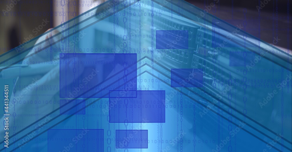 Obraz premium Data processing on mid section of worker worker in server room against blue technology background