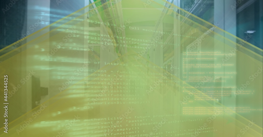 Data processing over empty computer server room against yellow technology background Data processing over empty computer server room against yellow technology background
