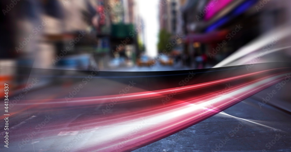 Digital composite image of red digital waves against view of city traffic Digital composite image of red digital waves against view of city traffic