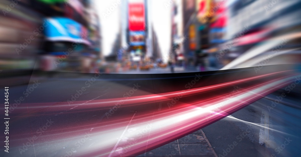 Digital composite image of red digital waves against view of city traffic Digital composite image of red digital waves against view of city traffic