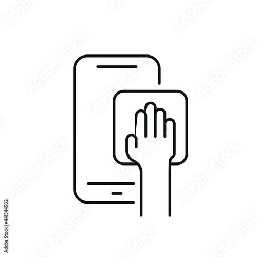 Phone disinfection linear icon. Thin line customizable illustration. Contour symbol. Vector isolated outline drawing. Editable stroke