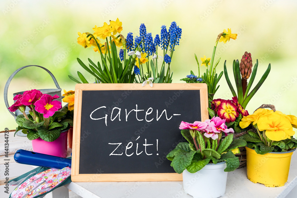 Tafel Gartenzeit vor Primeln und Narzissen Symbolbild für