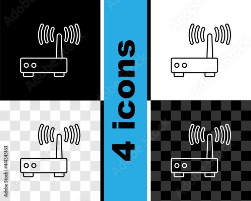 Set line Router and wi-fi signal icon isolated on black and white, transparent background. Wireless ethernet modem router. Computer technology internet. Vector