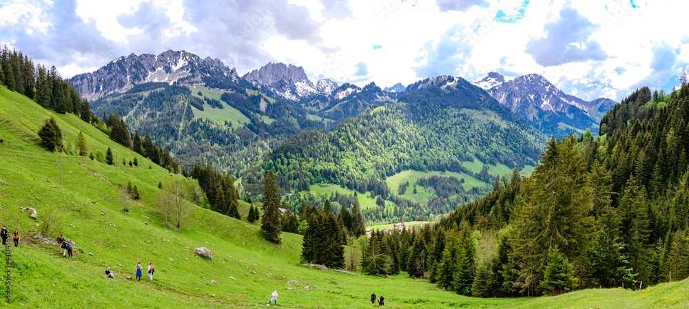 View on alps mountains, cloudy sky, green fields by Jaun,  kanton Fribourg, Freiburg nearby Bulle, Bern, Thun. Good hiking tourist way. Switzerland.