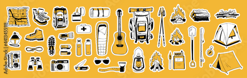 Sticker pack. Collection of camping stickers. Vector hand drawn illustrations bundle. Backpack boots tent sleeping bag compass map flashlight binoculars camera reusable bottle first aid kit