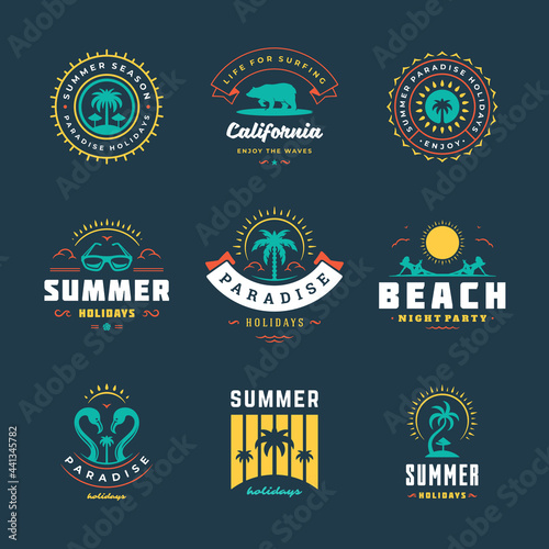 Summer holidays labels and badges retro typography design set.