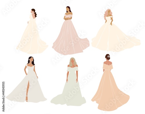 Collection of abstract brides in wedding dresses.